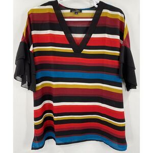Suzanne Betro 2X Top Blouse Shirt Colorful Striped V Neck‎ Sheer Sleeve